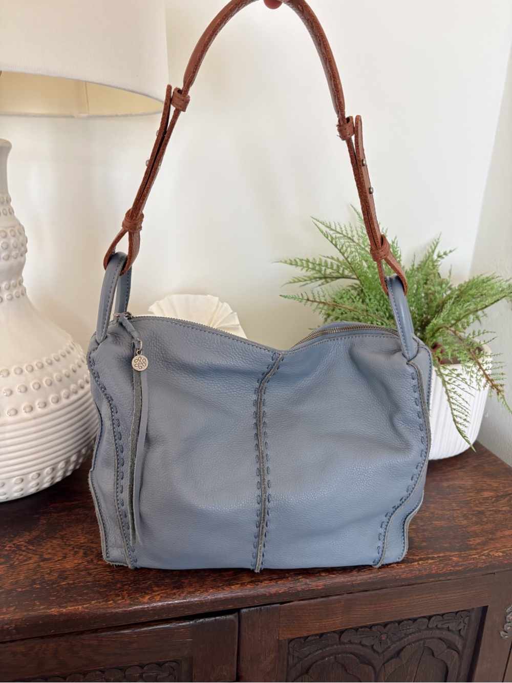 The Sak Los Feliz Hobo Shoulder Bag Maritime Blue with Brown Strap